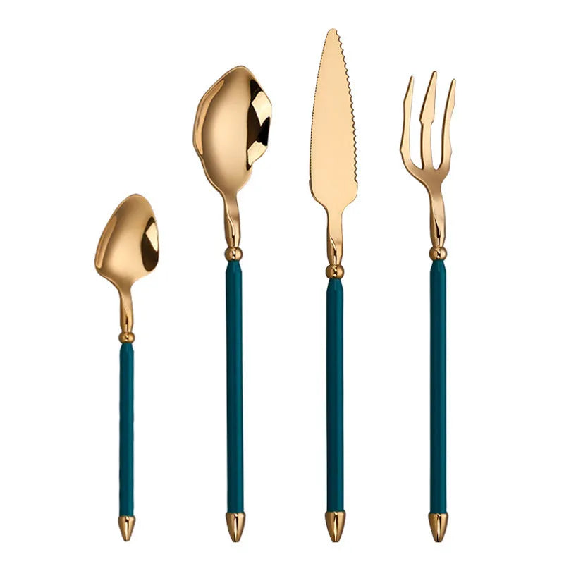 Stainless steel 4-piece cutlery set with knife, fork and two spoons in green gold, blue gold, black gold, white gold, natural, gold or rose gold.