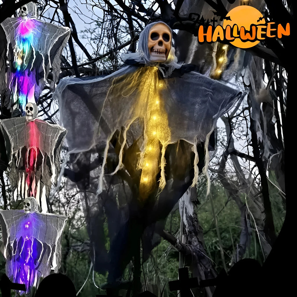 85cm Halloween hanging ghost decoration in mixed colours with cloth drape and metal hook