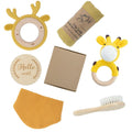 Wooden baby teether gift box with elephant, rabbit, and giraffe designs in multiple colour options