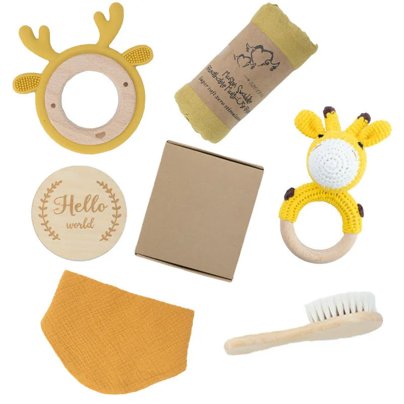 Wooden baby teether gift box with elephant, rabbit, and giraffe designs in multiple colour options