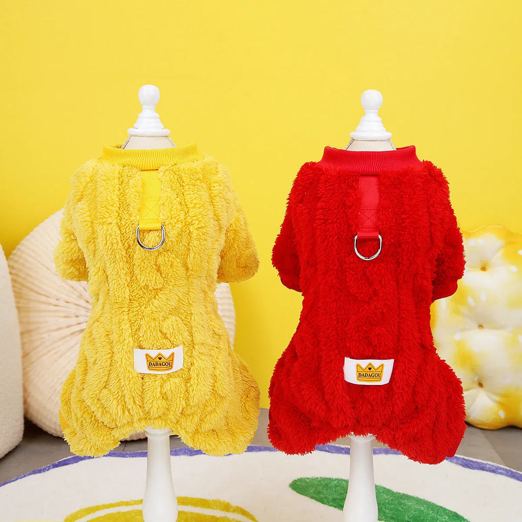 Four-legged polyester dog fleece jacket in khaki, pink, red, or yellow, sizes L M S XL XXL