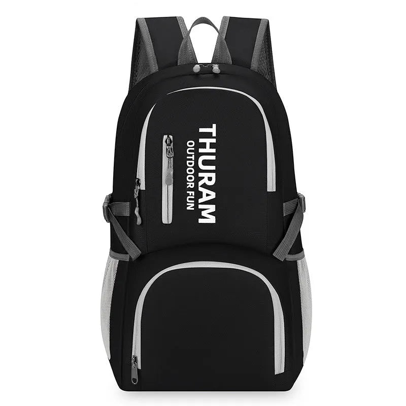 Outdoor folding travel backpack in multiple colours showing adjustable straps and 20-35L capacity.