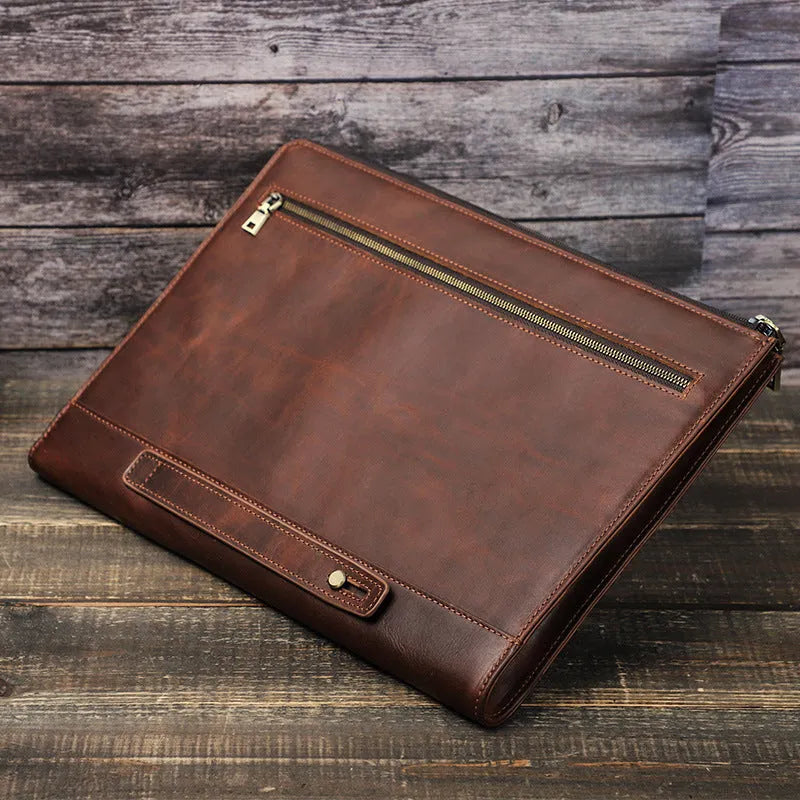Crazy Horse Oil Leather zipper laptop bag in reddish brown or coffee, leather PC bag with zip closure