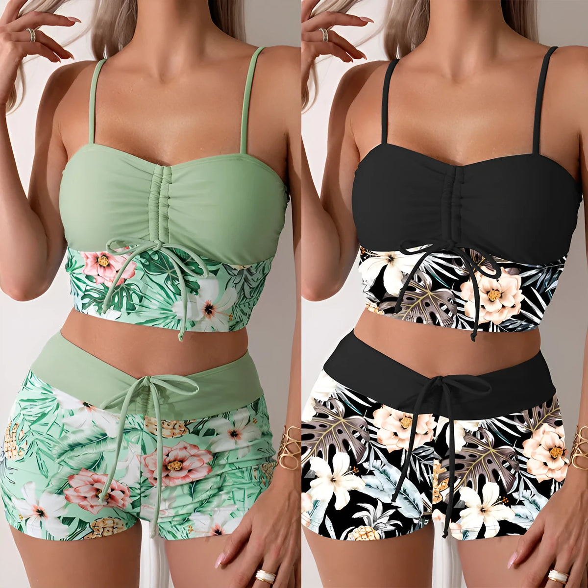 Women's printed drawstring bikini swimsuit with high waist and backless design, in JP140GR or JP140BK, sizes S-XXL