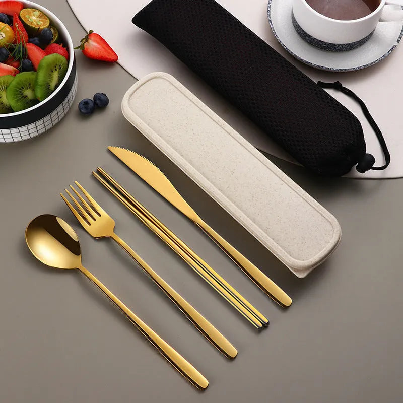 304 stainless steel portable cutlery set with gold knife fork spoon and mesh bag