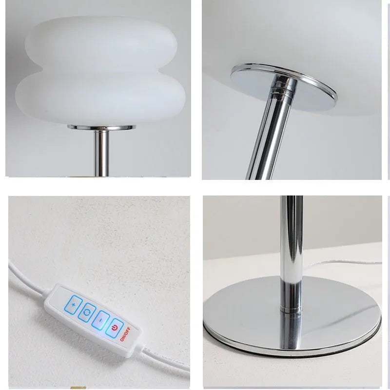 Desktop small table lamp with glass lampshade and USB plug-in tri-colour lighting on a wooden desk