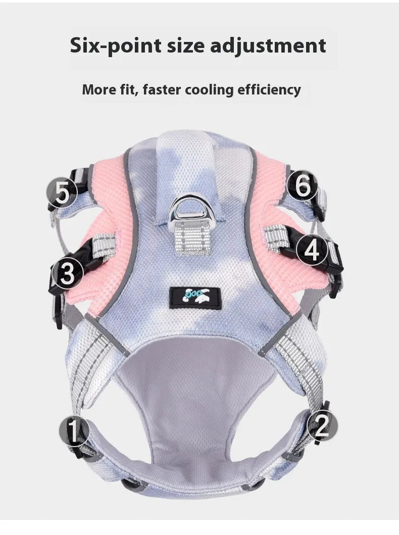 Reflective fluorescent dog harness chest strap in light blue colour, adjustable.