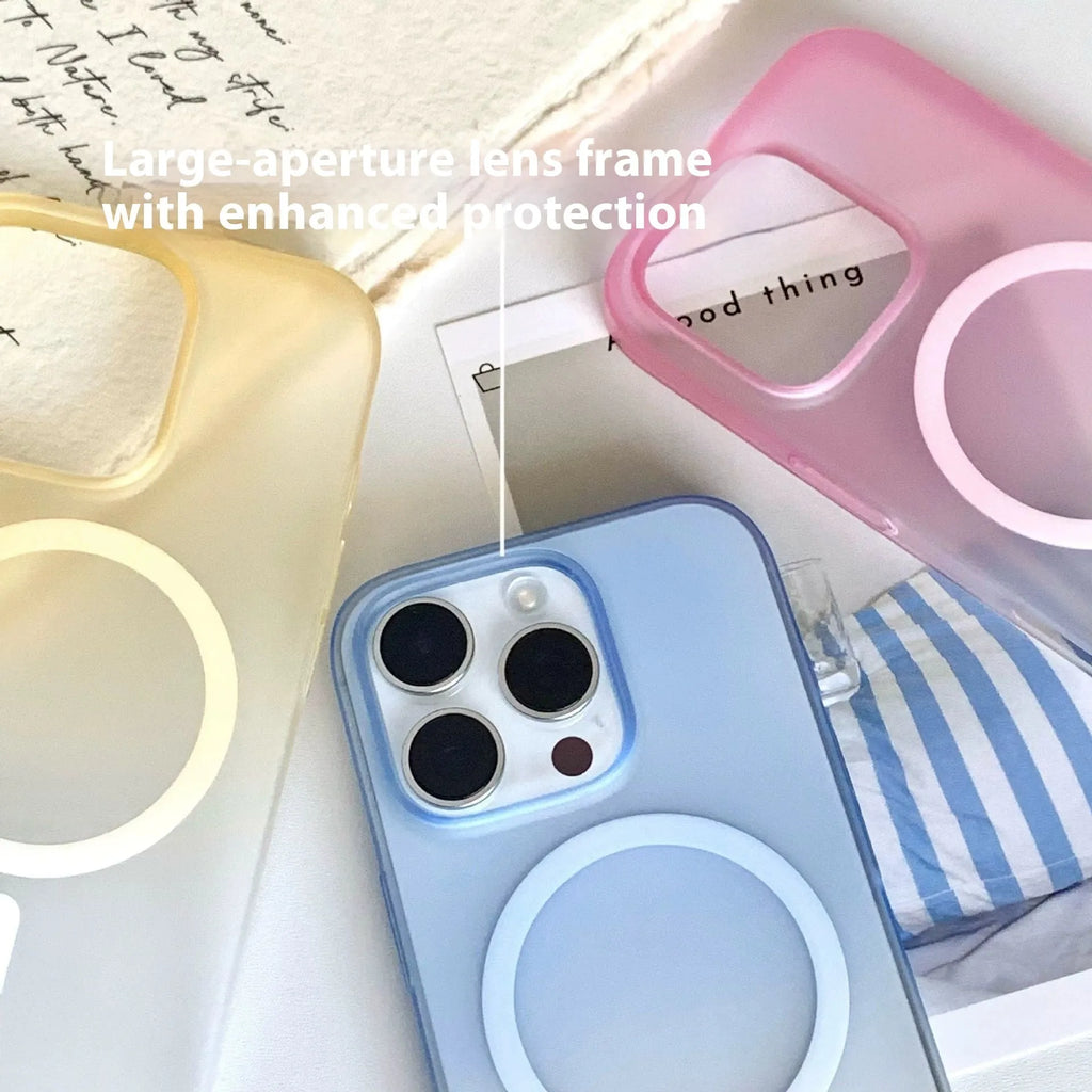 Gradient frosted magnetic suction iPhone case in blue colour variant showing MagSafe ring compatibility