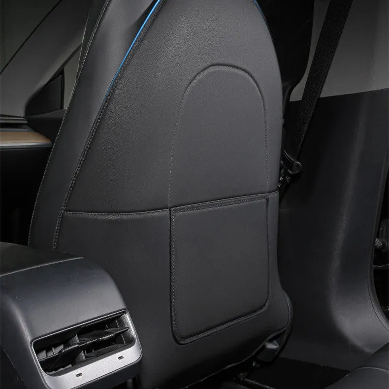Black leather rear anti kick pad car seat protector measuring 68cm by 42cm