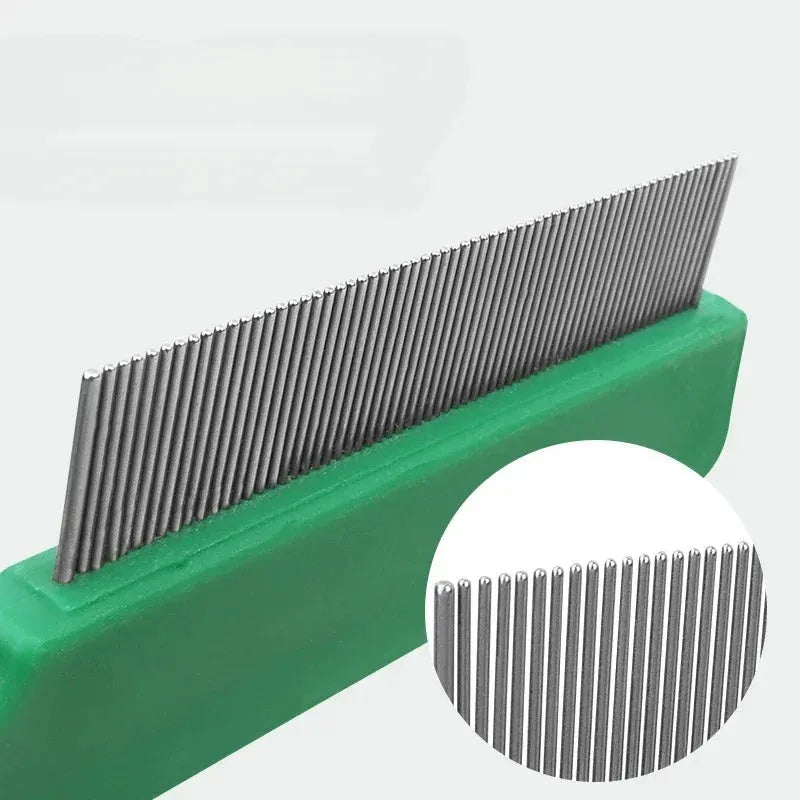 Green pet flea comb with stainless steel pins and plastic handle for dogs and cats grooming