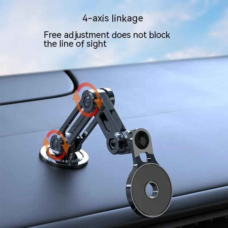 Black magnetic car phone holder mounted on dashboard with phone attached showing 360-degree rotation capability