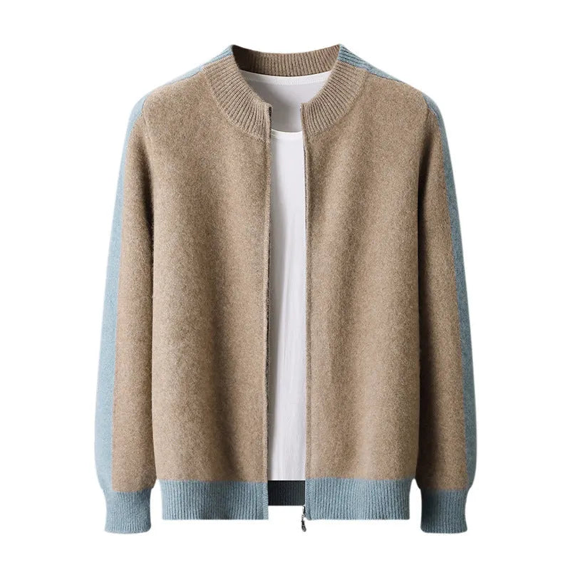 Man wearing a dark blue half turtleneck zip cardigan with loose fit and long sleeves