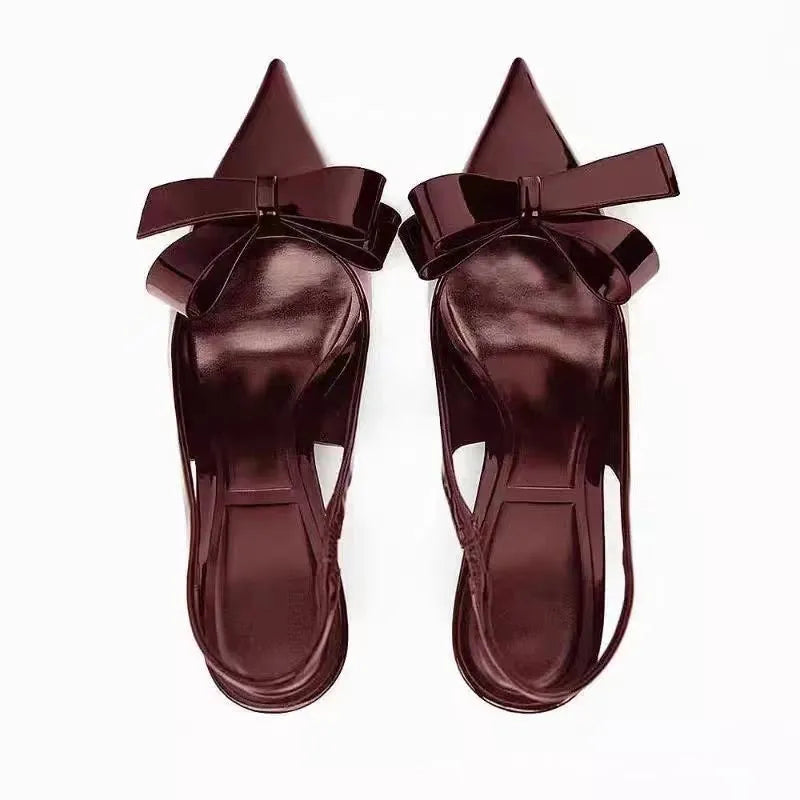 Patent leather women's high heels wine red bow open-back pointed toe rear lacing