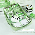 Green canvas pencil case with panda design featuring 12 internal layers for organising pens and stationery.