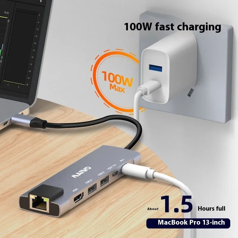 Steam Deck six-in-one aluminium docking station with ports for HDMI, Ethernet, and USB.