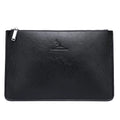 Men's soft black checkered PU leather clutch open to show six card slots and a zippered pocket.