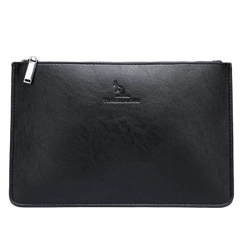 Men's soft black checkered PU leather clutch open to show six card slots and a zippered pocket.