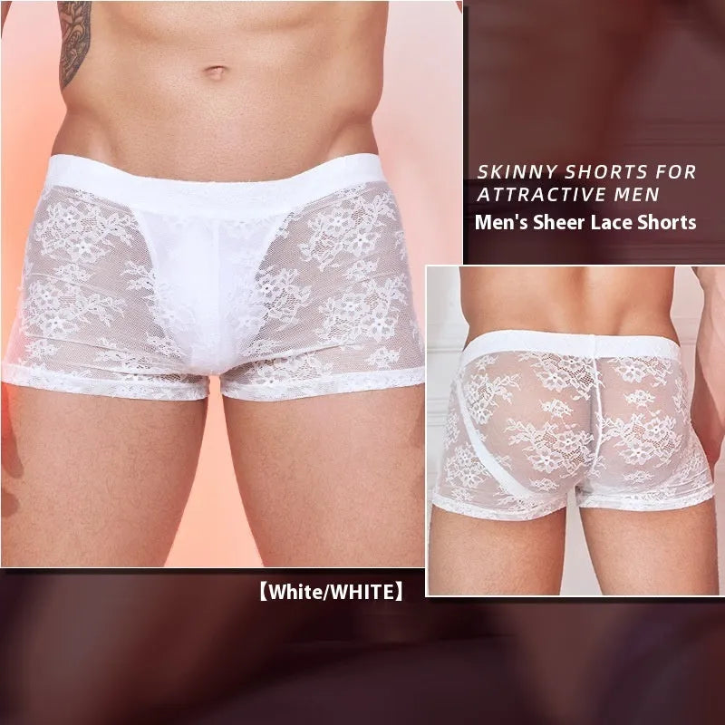 Men's black nylon lace boxers laid flat, showing free size fit and textured detail.