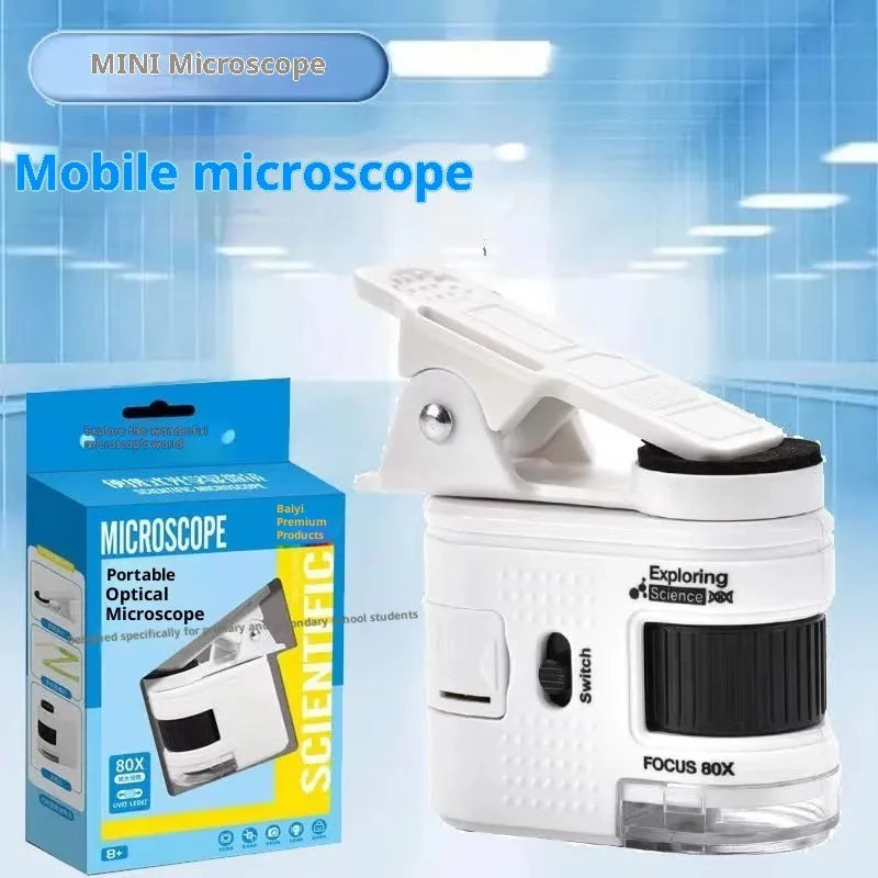 Portable children's optical microscope educational science toy in white or silver for ages 7-14