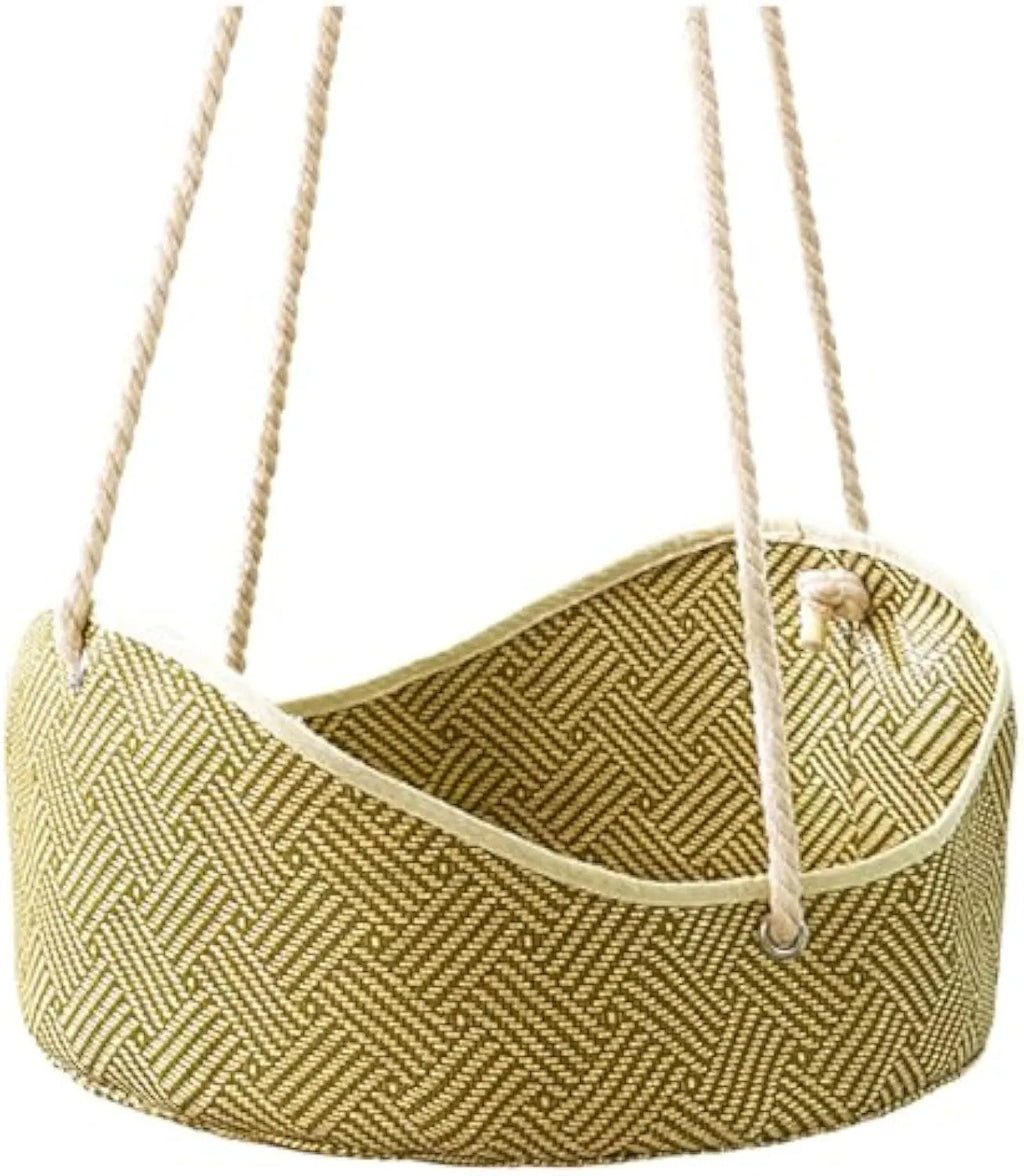 Green rattan cat cage hammock with metal hooks, shown hanging on a shelf.