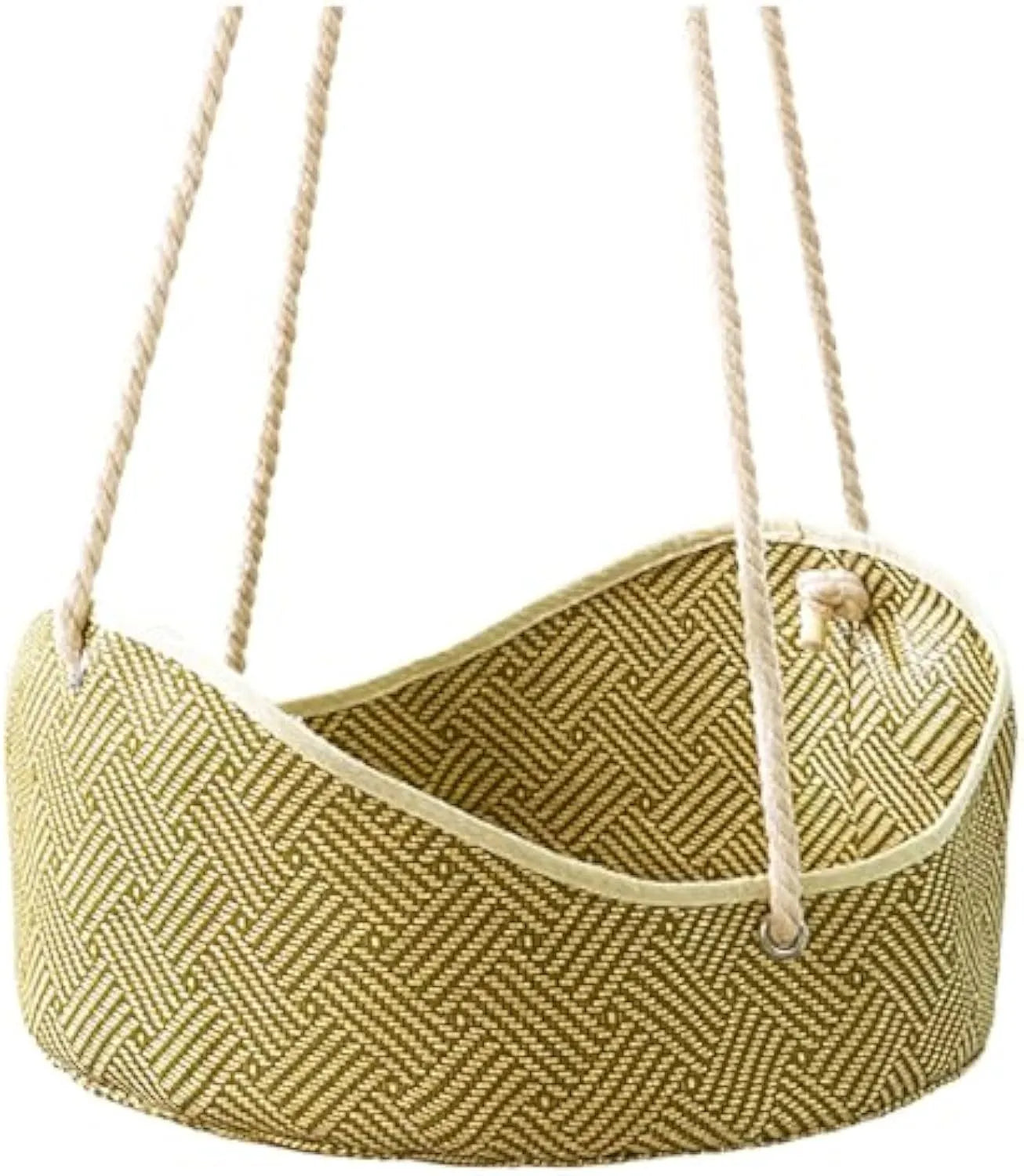 Green rattan cat cage hammock with metal hooks, shown hanging on a shelf.