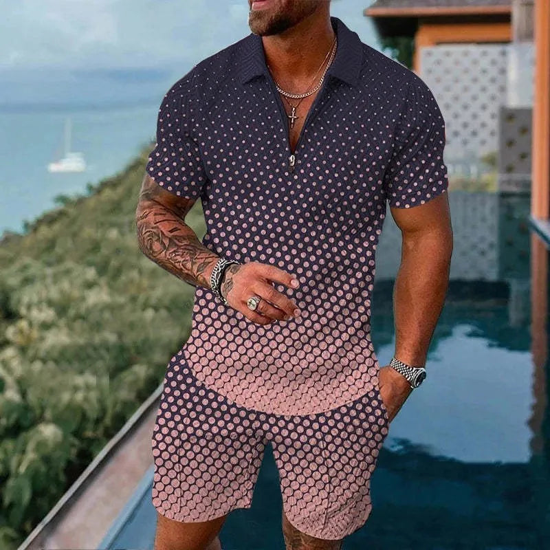 Men's mesh short sleeve T-shirt and shorts set in casual sports style, available in multiple colours and sizes S to 6XL.