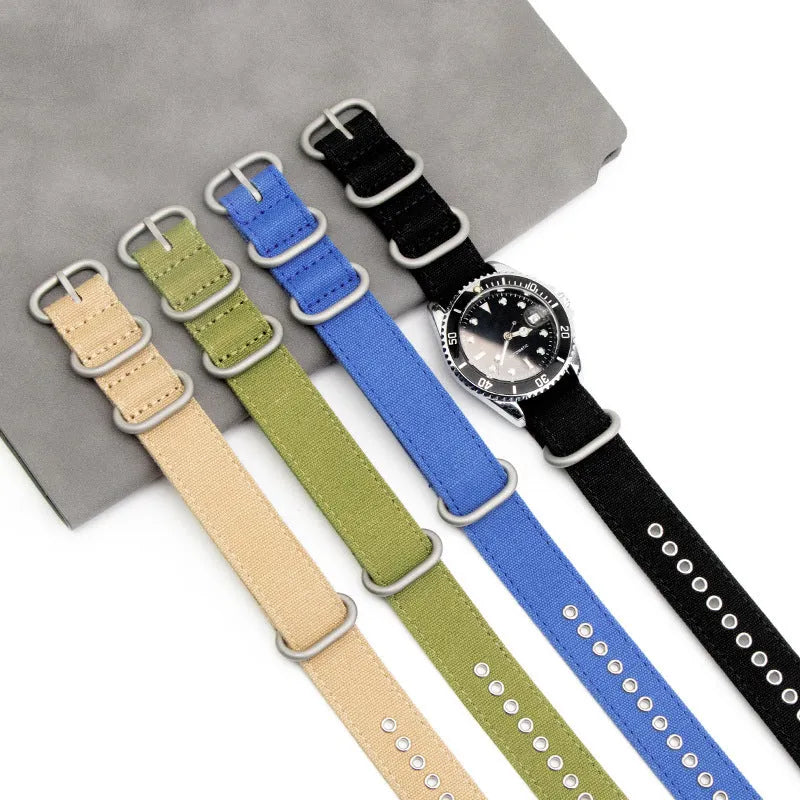 Canvas nylon thickened watch band in army green with silver buckle, 18mm to 26mm sizes available