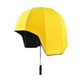 Long-handled helmet umbrella open showing 76cm diameter canopy in a vinyl-laminated fabric design.
