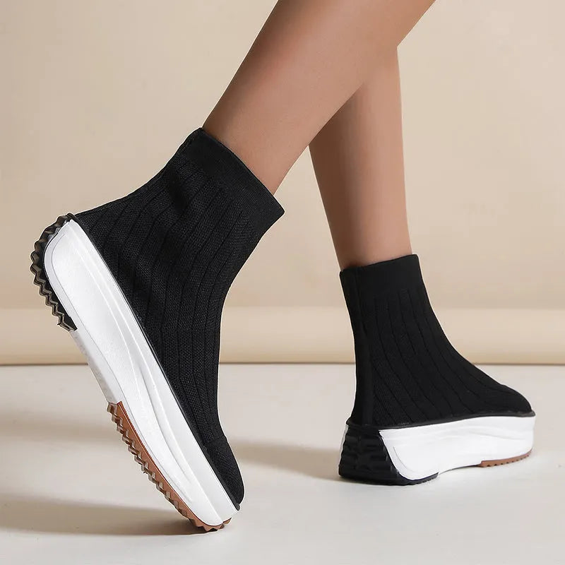 Women's knitted ankle boots in pink with thick sponge sole and flat heel, available in sizes 36-42