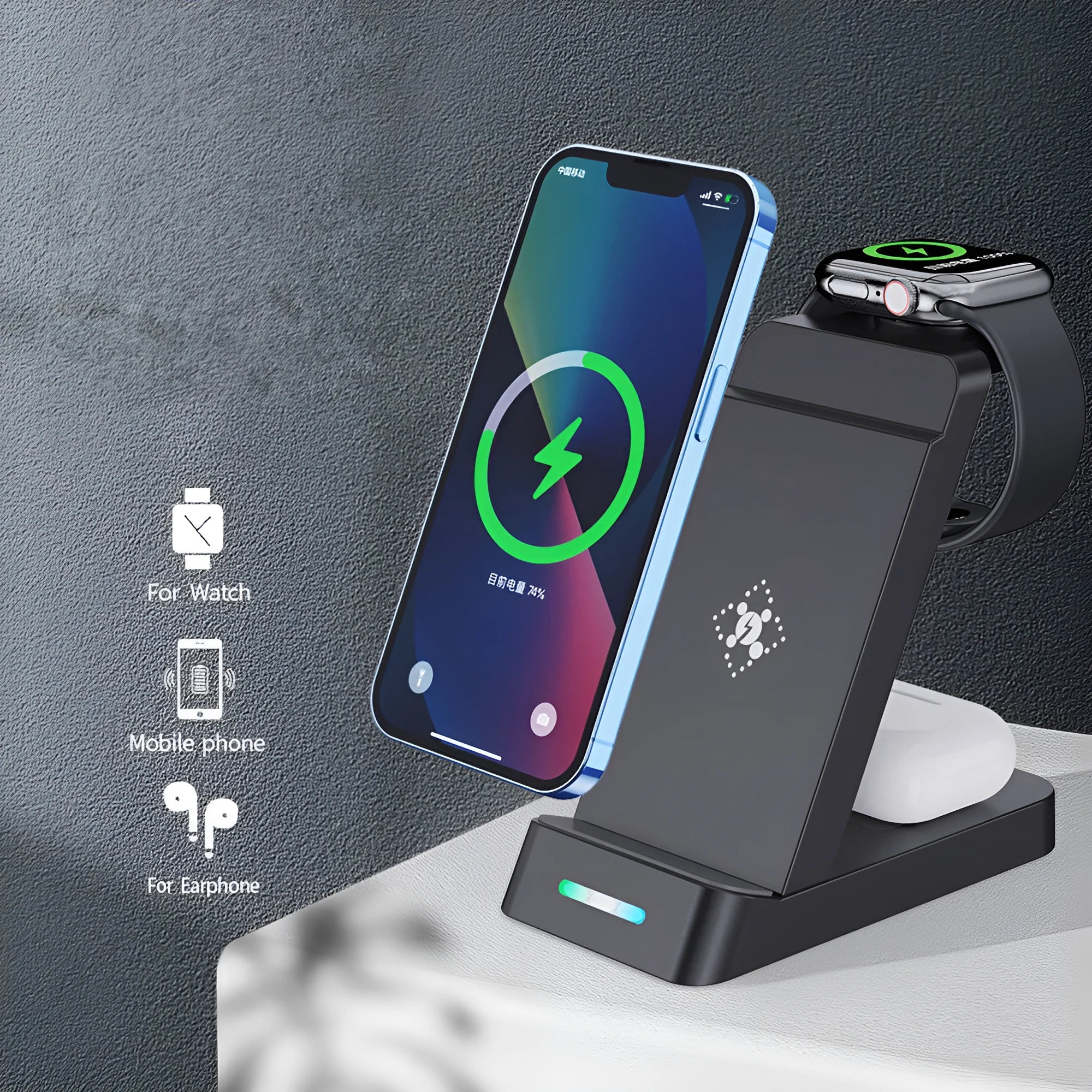 Black three-in-one wireless charging dock holding a phone, AirPods case, and smartwatch.