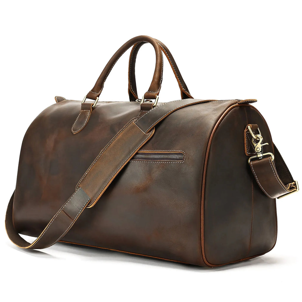 Men's large vintage genuine leather crossbody bag in black, shown with dimensions 48.3cm wide by 25cm deep.