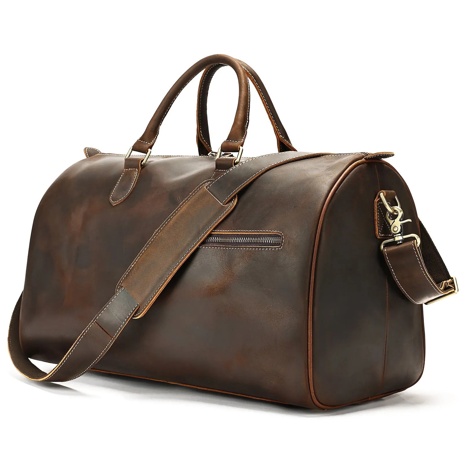 Men's large vintage genuine leather crossbody bag in black, shown with dimensions 48.3cm wide by 25cm deep.