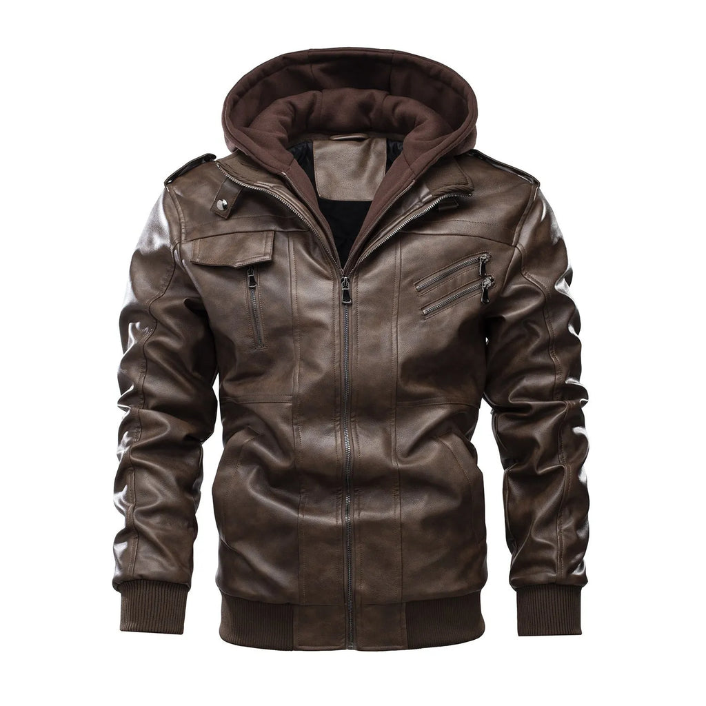 Men's casual motorcycle jacket in PU leather with removable cap collar, zip front, ribbed hem, side slit pockets, grey black or coffee