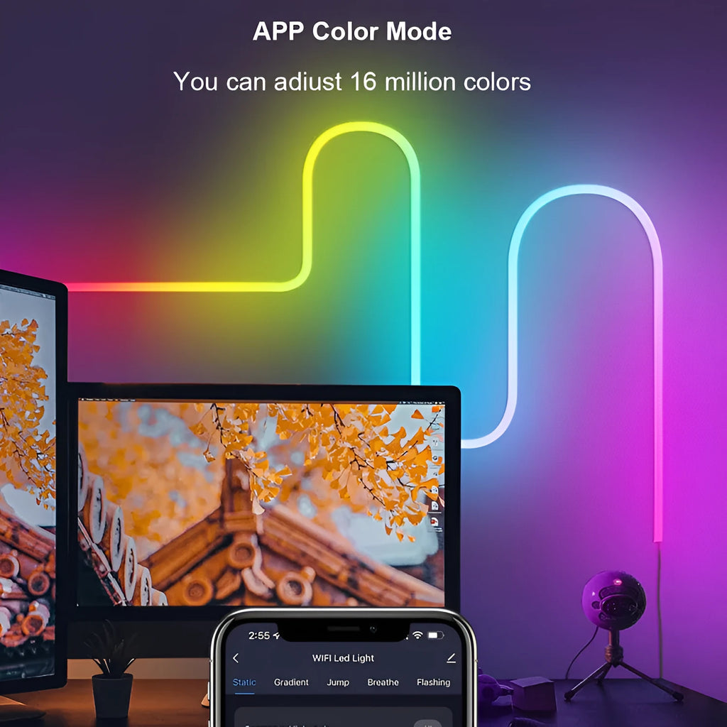 3 metre long USB RGB magic colour neon light strip with remote control on a white background.