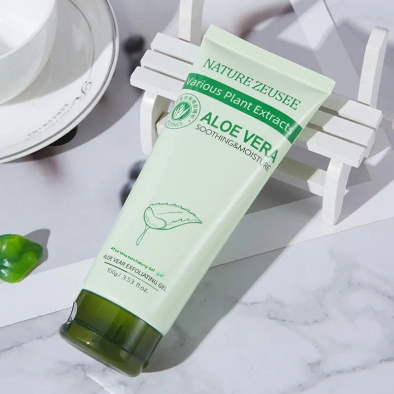 Aloe vera exfoliating gel 100g in picture colour tube with ingredient list including aloe vera, fruit oil, sodium hyaluronate