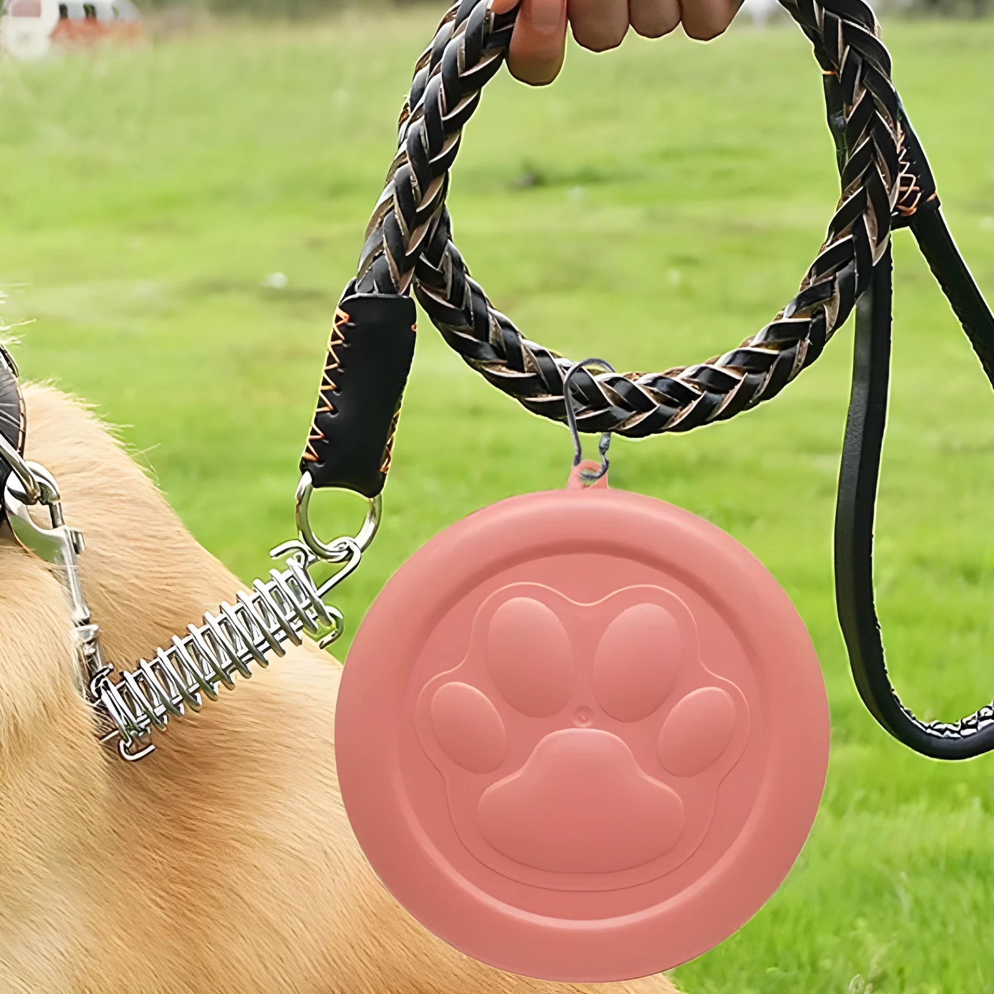 Collapsed and expanded views of a light pink and green portable silicone dog bowl.