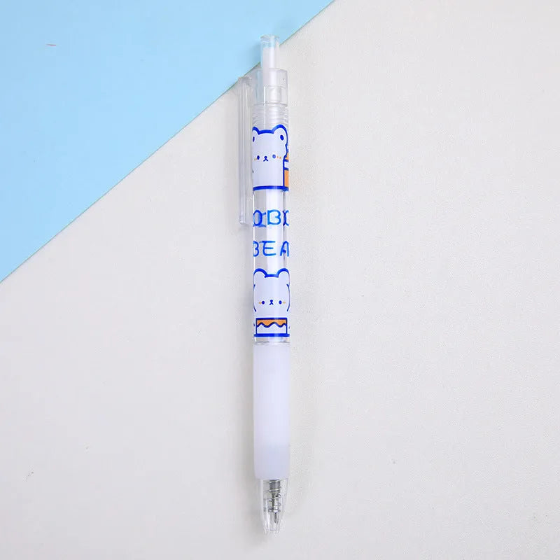 Set of six cream-coloured bear and rabbit themed press pen knives on a white background.