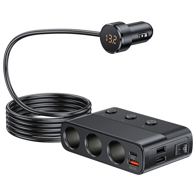C28 black car cigarette lighter charger with USB 3.0 and PD ports showing 116mm body