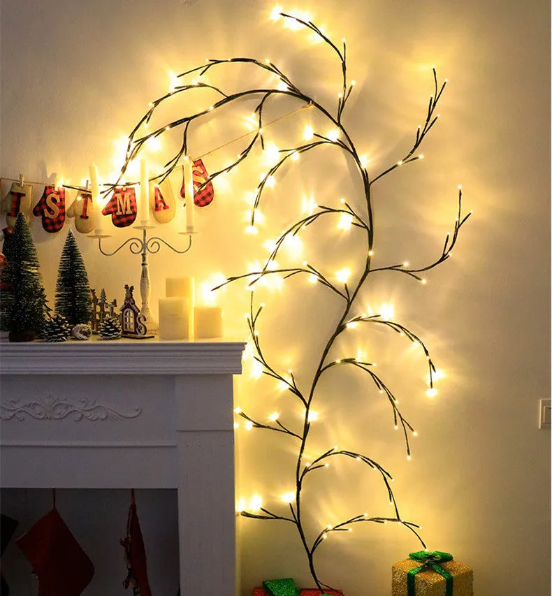 Rattan-style LED tree light with warm white illumination for room decoration