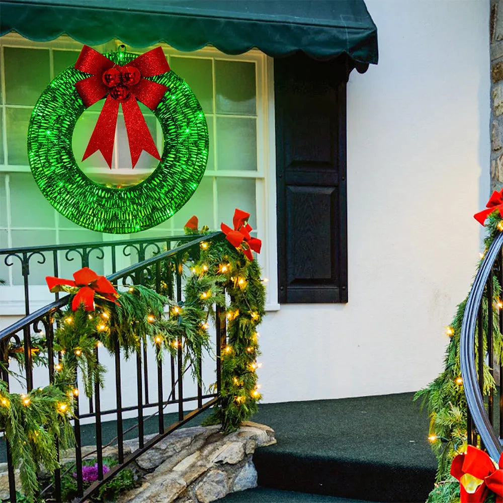 Gold and green 50cm LED Christmas wreath with large fabric bowknot and warm white lights