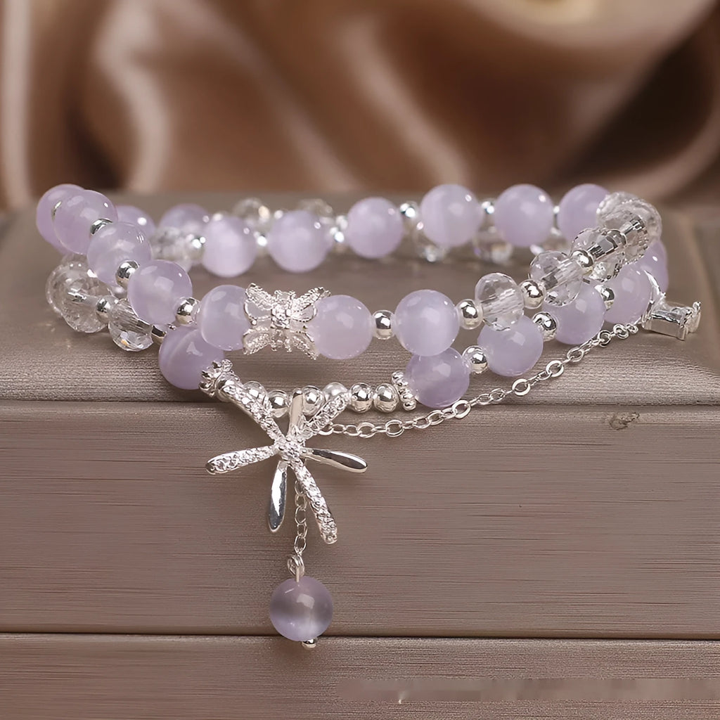 Light purple opal cat's eye crystal double ring bracelet for women with flower design
