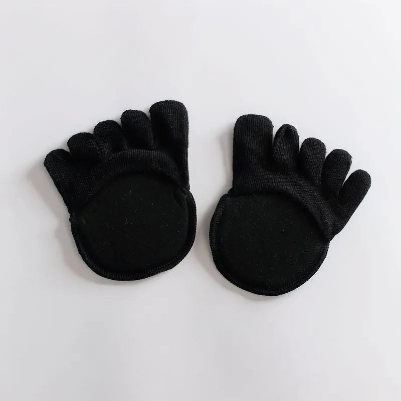 Women's five-toe half-shoe invisible cotton socks with sponge pad, solid colour, black full toe option