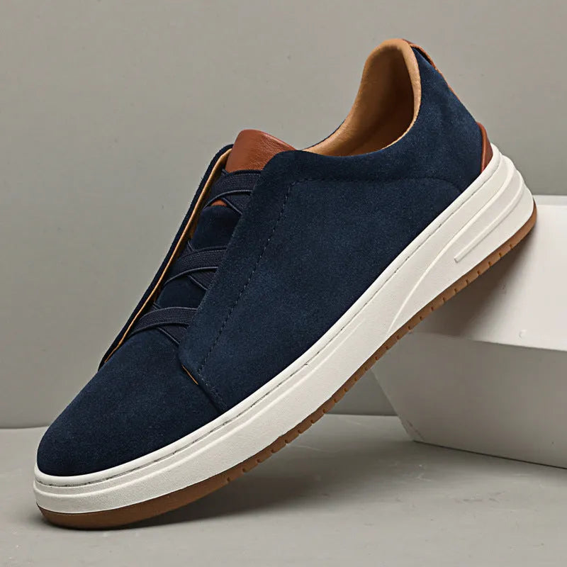 Men's suede casual soft bottom shoes with genuine cowhide leather upper, elastic band, round toe, low-top style in black, blue, khaki