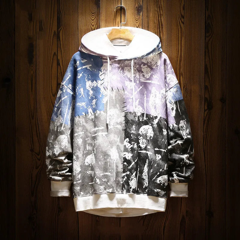 Men's graffiti hooded sweatshirt with contrast stitching, loose drop shoulder fit, cotton blend, purple or red, sizes S to XL
