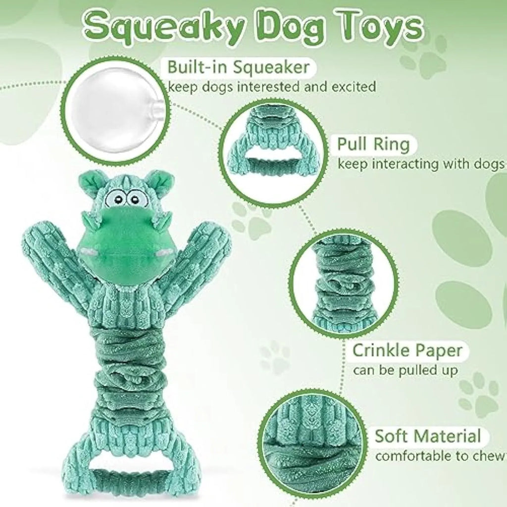 Large bright coloured soft plush dog toy with a handle, suitable for squeaky and tug of war play.