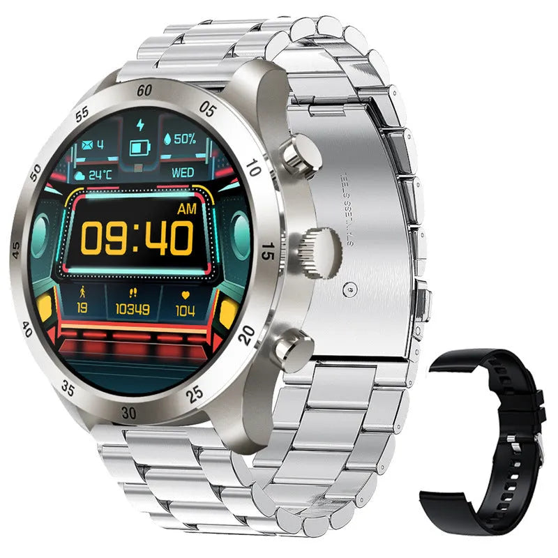 Black steel smart watch with Bluetooth calling and health monitoring features on a wrist.