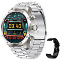 Black smart watch with Bluetooth calling on a silicone strap, showing health metrics on screen.
