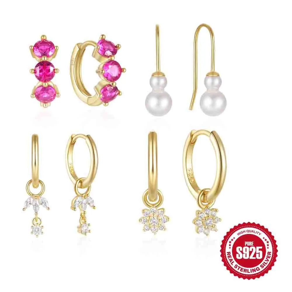 S925 sterling silver women's earrings with golden three-diamond zircon sunburst motif