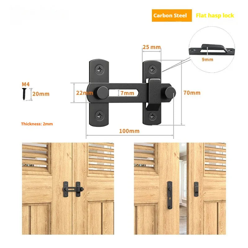 Black carbon steel and stainless steel 90-degree warehouse hook lock for sliding barn doors.