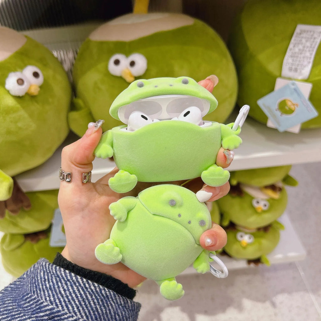 Flocking frog TPU earphone protective case for AirPods with embossed cartoon design and lanyard option